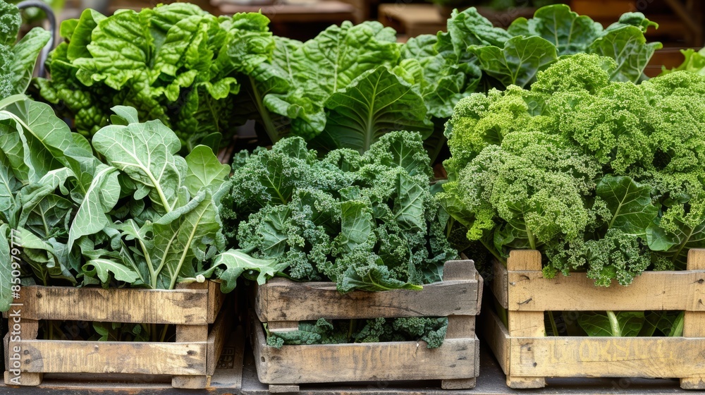 Vibrant Display of Leafy Greens at Farmers Market: Kale, Spinach, and Arugula Baskets Vibrant Display of Leafy Greens at Farmers Market: Kale, Spinach, and Arugula Baskets