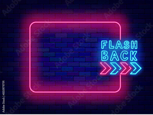 Flash back neon advertising. Vintage retro party design. Dance show. Greeting card. Empty pink frame and typography. Arrow sign. Event banner. Copy space. Editable stroke. Vector stock illustration