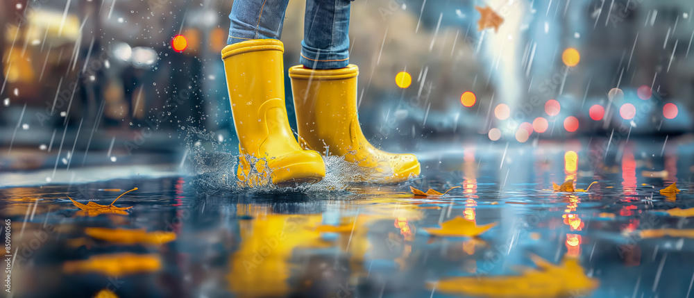 Child legs close-up wearing yellow rain boots splashing in a puddle on a rainy autumn day, close-up view, outdoors, city street with fallen leaves. Child legs close-up wearing yellow rain boots splashing in a puddle on a rainy autumn day, close-up view, outdoors, city street with fallen leaves.