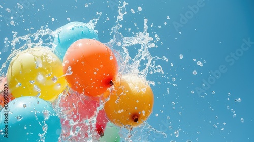 colorful balloons are splashing water on a blue sky