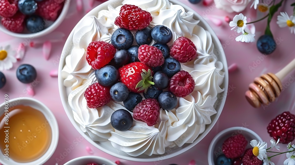 A plate of food, featuring berries and whipped cream, is captured in close-up detail The dish is displayed on a table adorned with flowers, and accompanied by a selection A plate of food, featuring berries and whipped cream, is captured in close-up detail The dish is displayed on a table adorned with flowers, and accompanied by a selection