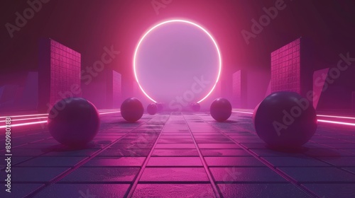 Wallpaper Mural An animated ball with neon lights jumping between square tiles in the air, the background is dark purple and pink in the style of vaporwave aesthetics. Torontodigital.ca