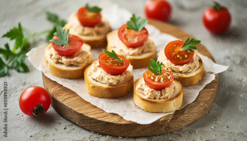 Tasty finger food spread with chicken and cheese pate and tomatoes. Delicious food. Culinary concept Tasty finger food spread with chicken and cheese pate and tomatoes. Delicious food. Culinary concept