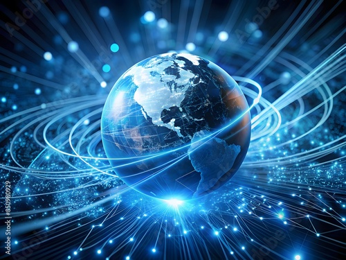 Fototapeta Naklejka Na Ścianę i Meble -  A digital illustration of a glowing blue and green planet earth with a network of blue light trails in the background.