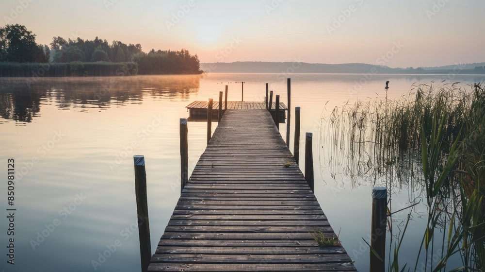 Naklejka premium Lake landscape with wooden pier in soft light after sunset