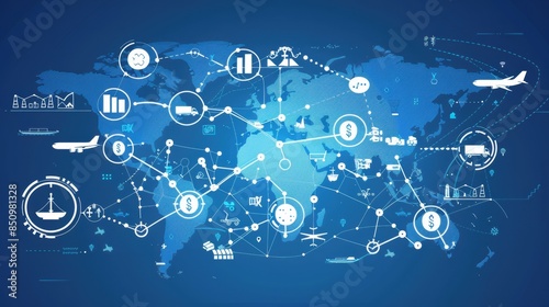 Wallpaper Mural A detailed map of the world with interconnected lines representing global supply chains, featuring icons of planes, ships, and trucks, symbolizing the international logistics network. Torontodigital.ca