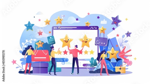 A dynamic scene of customers leaving positive reviews and high ratings on an e-commerce website, with stars, thumbs-up icons, and happy faces, emphasizing customer satisfaction.