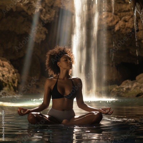 Meditation in Nature: Woman Finds Serenity by the Waterfall Generative AI