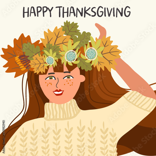 Portrait of a cute girl in a wreath of autumn leaves on her head. There are leaves of maple, oak and other trees in the picture. Vector and drawn illustration.