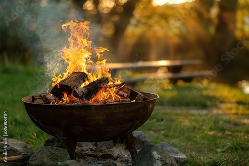 Relaxing and cozy campfire at dusk in the tranquil and peaceful outdoors, enjoying the golden hour sunset with a warm fire, perfect for camping and leisurely outdoor activities