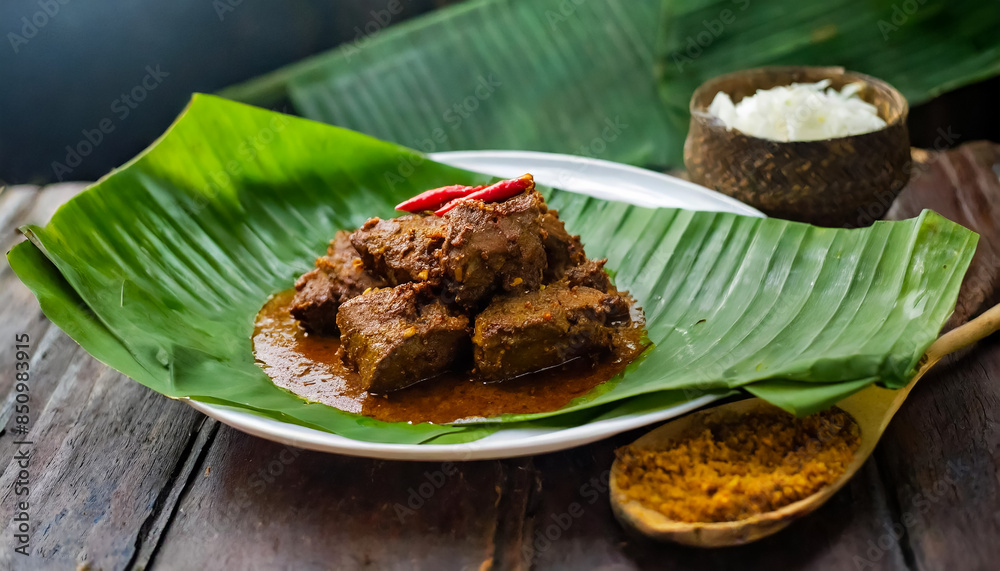 Ready-to-eat beef rendang is served on a large plate covered with banana leaves. Traditional Indonesian food atmosphere. Ready-to-eat beef rendang is served on a large plate covered with banana leaves. Traditional Indonesian food atmosphere.