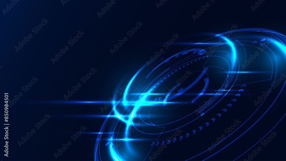 Fototapeta premium Futuristic Blue Glowing Interface with Circles and HUD Elements on Dark Background