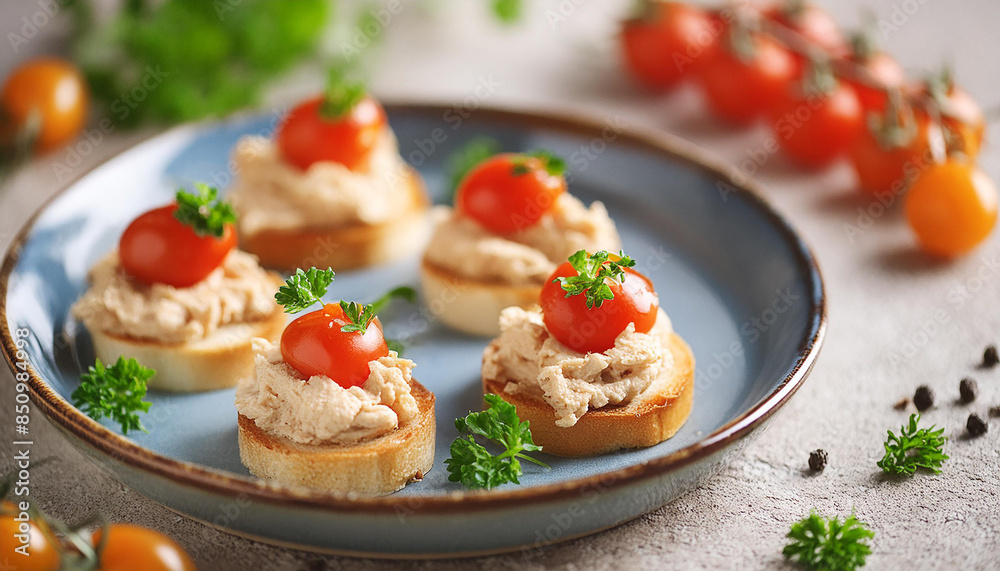 Tasty finger food spread with chicken and cheese pate and tomatoes. Delicious food. Culinary concept Tasty finger food spread with chicken and cheese pate and tomatoes. Delicious food. Culinary concept