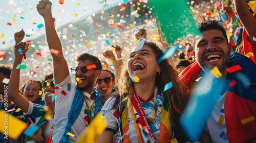 Joyful Unity: Diverse Fans Celebrating with Flags and Confetti at World Cup Fan Fest