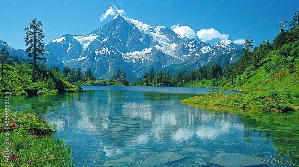 A mountain range with a lake in the foreground and a forest full of blooming flowers A mountain range with a lake in the foreground and a forest full of blooming flowers