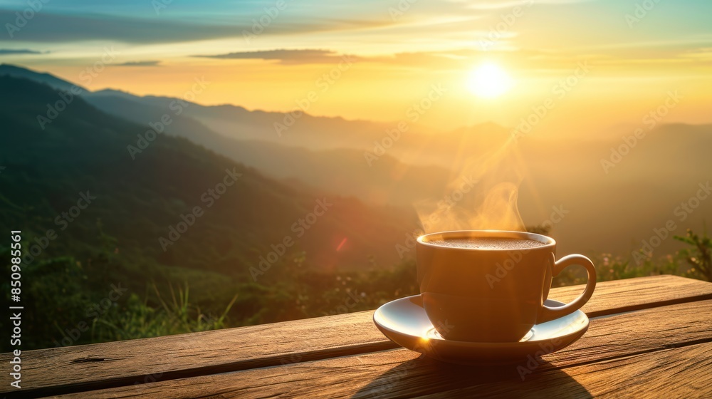 Close-up view of a cup of coffee on table with sunrise over mountain ridge with fog. Close-up view of a cup of coffee on table with sunrise over mountain ridge with fog.