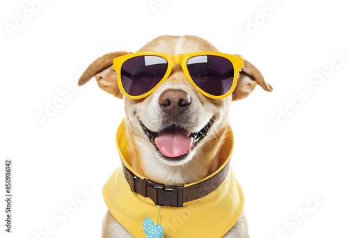 dog wearing sunglasses, A happy dog wearing yellow sunglasses and a matching bandana, perfect for summer-themed promotions, pet product advertising, and social media content. Ideal for pet stores, vet