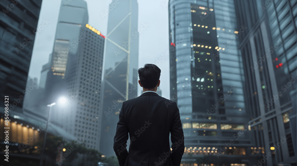 Fototapeta premium Confident Asian Businessman in Urban Landscape, Modern City Ambition, Professional Success, Diversity