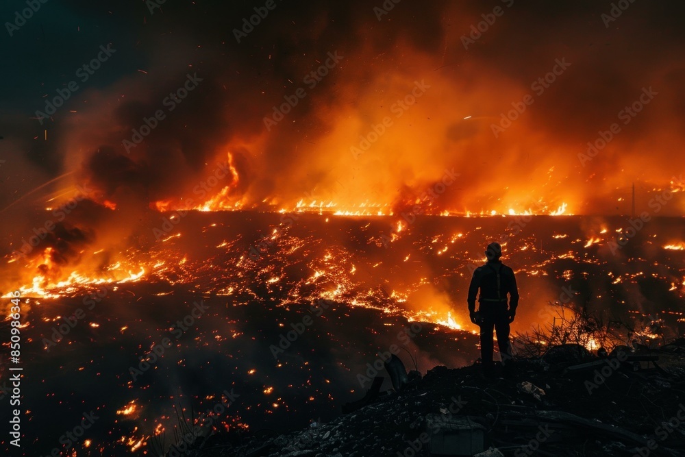 Fototapeta premium Lone person stands against a dramatic night time wildfire, showcasing nature's fury