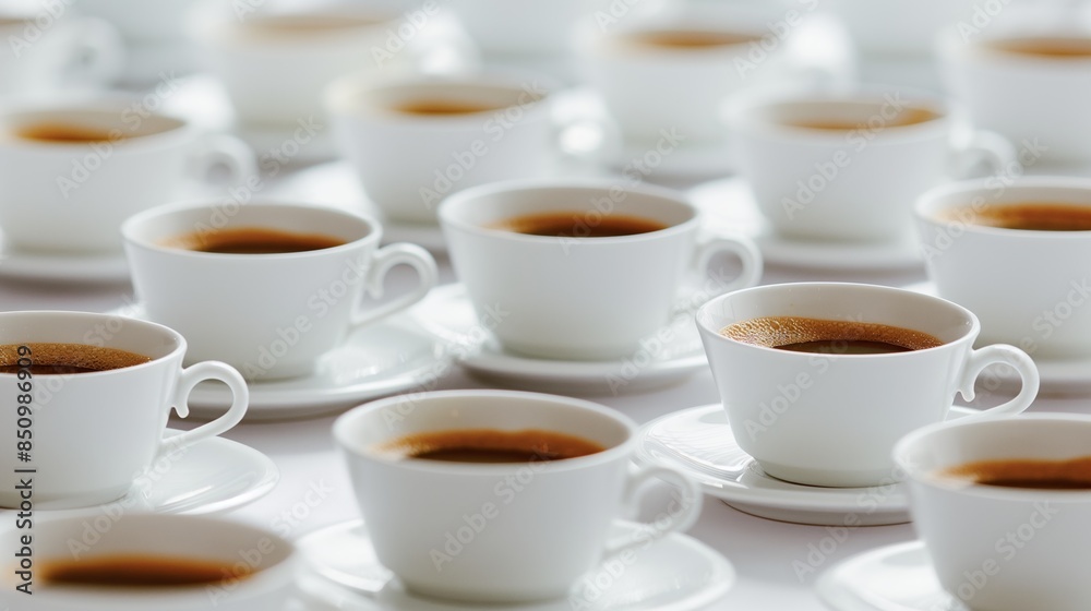 Rows of White Coffee Cups Filled with Black Coffee. Multiple Coffee Cups in White Porcelain on a Table Rows of White Coffee Cups Filled with Black Coffee. Multiple Coffee Cups in White Porcelain on a Table