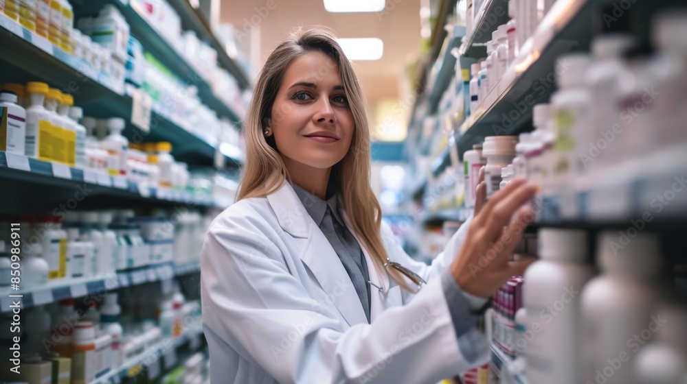 Portrait of a female smiling pharmacist in a drug store Portrait of a female smiling pharmacist in a drug store