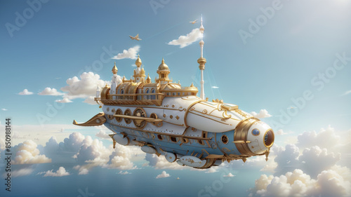 a white ship with gold motifs flying above the clouds photo
