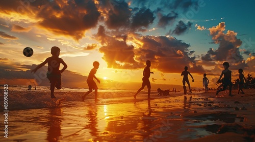 Soccer Fun at Sunset: Kids Playing Football on Beach, World Cup Inspired Recreation
