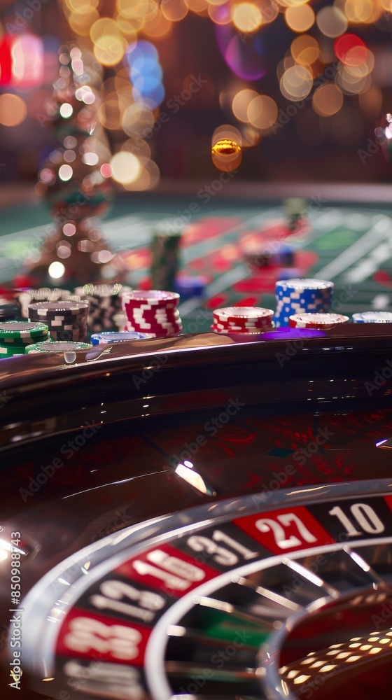 Roulette wheel is spinning at a casino with colorful chips stacked on the table Roulette wheel is spinning at a casino with colorful chips stacked on the table