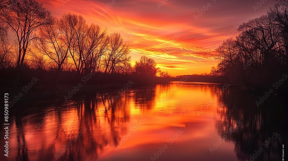Sunset over a calm river with the sky ablaze in oranges and reds, silhouettes of trees on the horizon, evoking a tranquil and reflective mood. Photography, long exposure. Sunset over a calm river with the sky ablaze in oranges and reds, silhouettes of trees on the horizon, evoking a tranquil and reflective mood. Photography, long exposure.