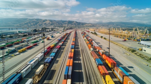 Intermodal Container Yard: A container yard serving as a hub for various transportation modes, with trains, trucks, and ships converging to transfer containers efficiently.