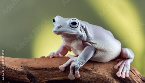 Australian whites tree frog sitting on branch, dumpy frog on branch, Gereen tree frog closeup, Whites tree frog 