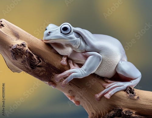 Australian whites tree frog sitting on branch, dumpy frog on branch, Gereen tree frog closeup, Whites tree frog 