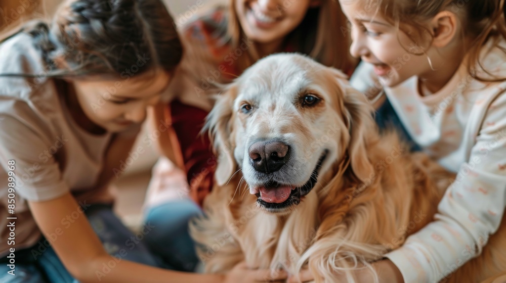 Happy family and a dog at home. Happy family and a dog at home.