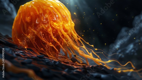 Concept art of a yellow ochre jelly, viscous and gelatinous, slowly creeping over dungeon floor, tendrils reaching out, faint glow from within photo