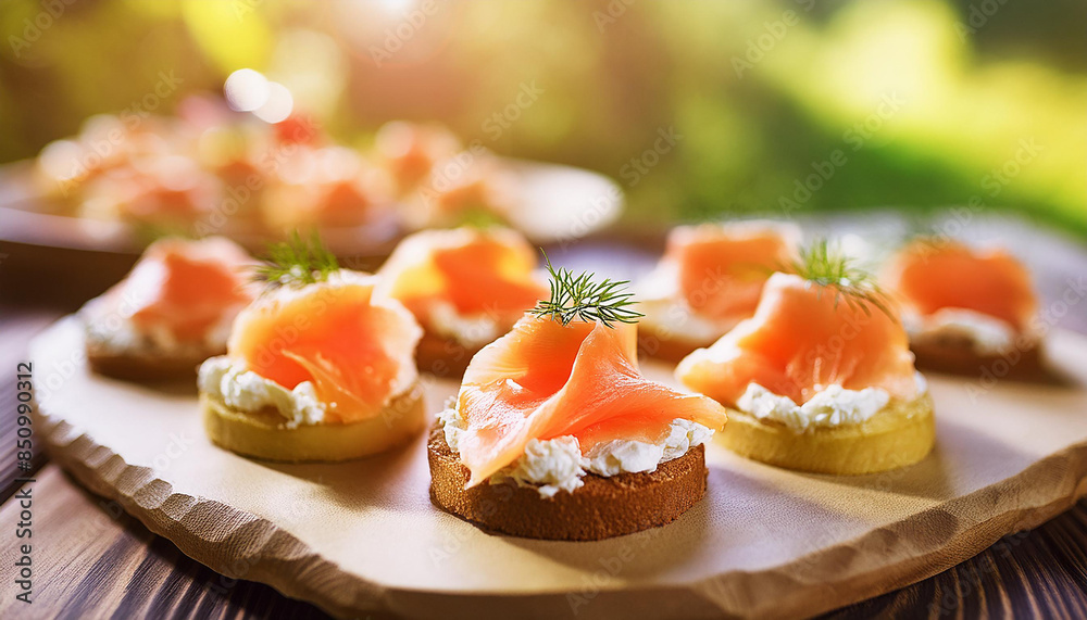 Tasty finger food spread with smoked salmon. Small sandwiches for dinner. Delicious food. Close-up. Tasty finger food spread with smoked salmon. Small sandwiches for dinner. Delicious food. Close-up.