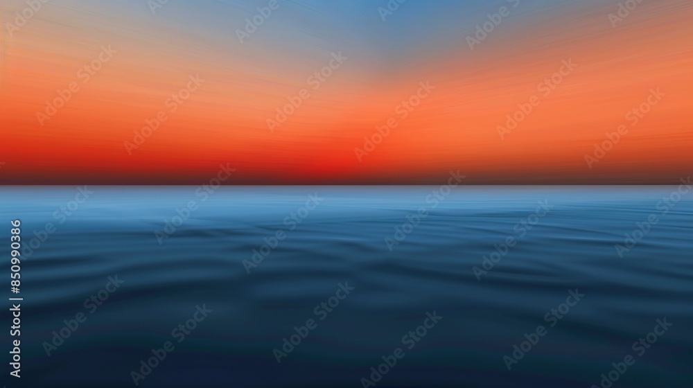 Fototapeta premium Blurry sunset photo on water with boat and orange blue sky background