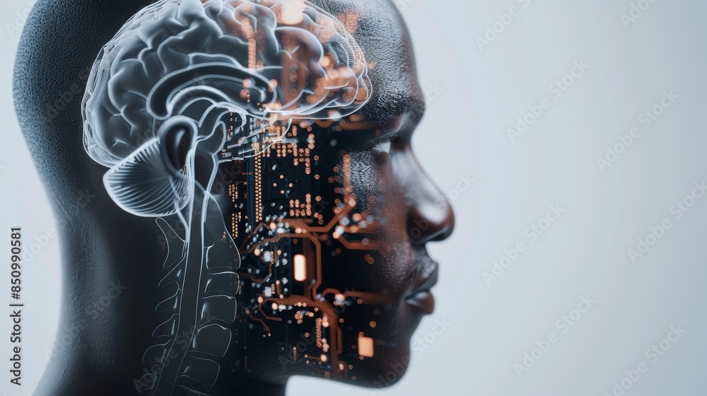 Detailed head of a black man, brain section exposed with chip integration, emphasizing future tech, photorealistic, natural colors, ultra HD, 8k Detailed head of a black man, brain section exposed with chip integration, emphasizing future tech, photorealistic, natural colors, ultra HD, 8k