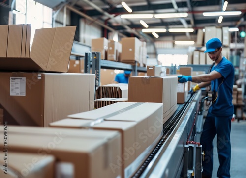 Wallpaper Mural Machines creating cardboard boxes, workers inspecting packaging, efficient packaging plant Torontodigital.ca