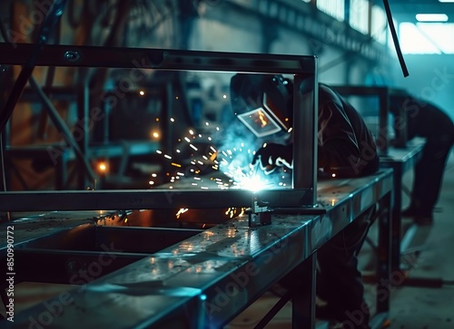 Wallpaper Mural Workers welding metal frames, metalworking tools and sparks, industrial furniture manufacturing Torontodigital.ca