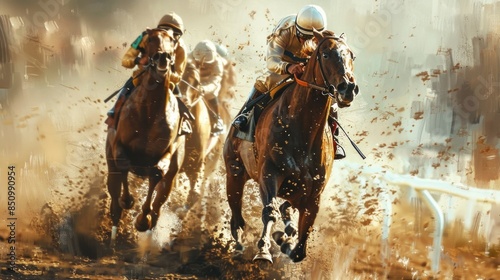 Horses and Jockeys in a Close Race © doni