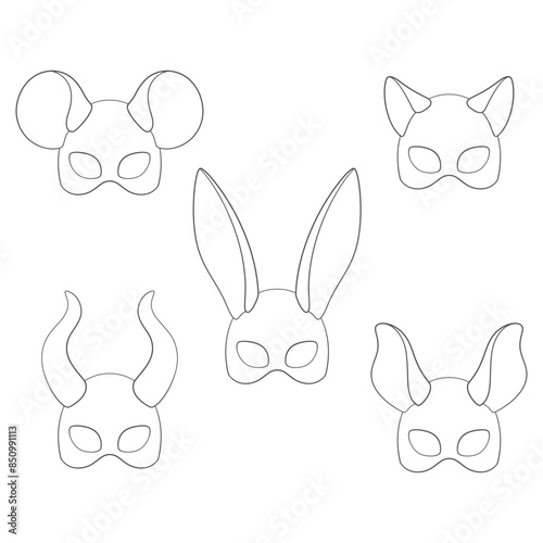 Set of carnival masks with rabbit, cat, mouse, horns ears. Isolated vector objects on white background.