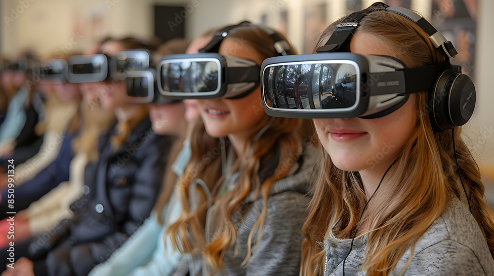 A group of children with virtual reality goggles seated at a classroom table looking away. Technology and virtual reality educational A group of children with virtual reality goggles seated at a classroom table looking away. Technology and virtual reality educational