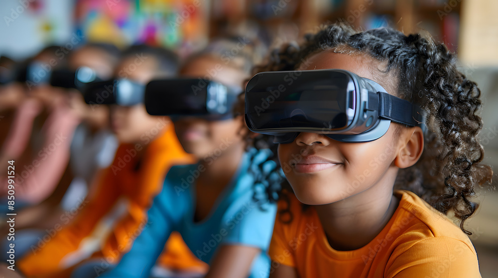 A group of children with virtual reality goggles seated at a classroom table looking away. Technology and virtual reality educational A group of children with virtual reality goggles seated at a classroom table looking away. Technology and virtual reality educational