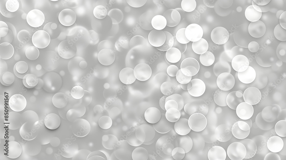 Seamless abstract white bokeh blur background texture transparent overlay. Dreamy soft focus wallpaper backdrop. Light silver grey diffuse glowing floating holiday circle dots pattern. 3d rendering.