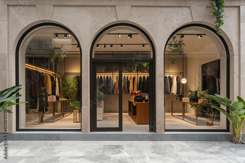 Front view of a stylish clothing store with large arched windows and an entrance, showcasing a variety of apparel inside, located in a shopping mall. photo