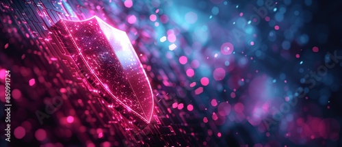 Abstract neon shield with a vibrant pink and blue bokeh background representing cybersecurity and digital protection.