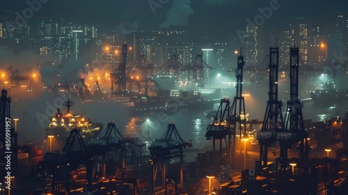 Nighttime Port Operations: A shipping port illuminated by bright lights, with cranes and machinery operating at full capacity during nighttime, highlighting 24/7 logistics operations. © Exnoi