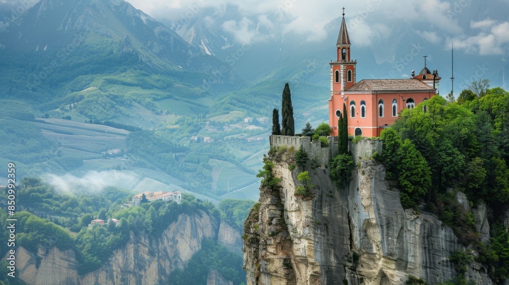 a large Catholic church stands on the edge of a cliff among the mountains.
