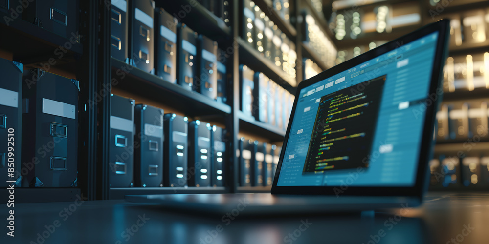 Data transfer or database management concept. Office storage shelves with laptop Data transfer or database management concept. Office storage shelves with laptop