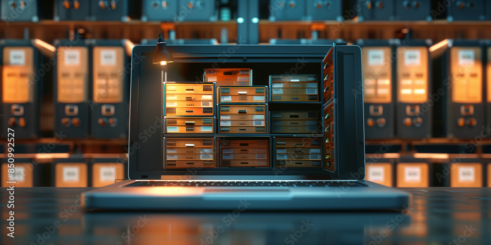 Data storage and digital backup concept. Digital files cabinet on laptop Data storage and digital backup concept. Digital files cabinet on laptop
